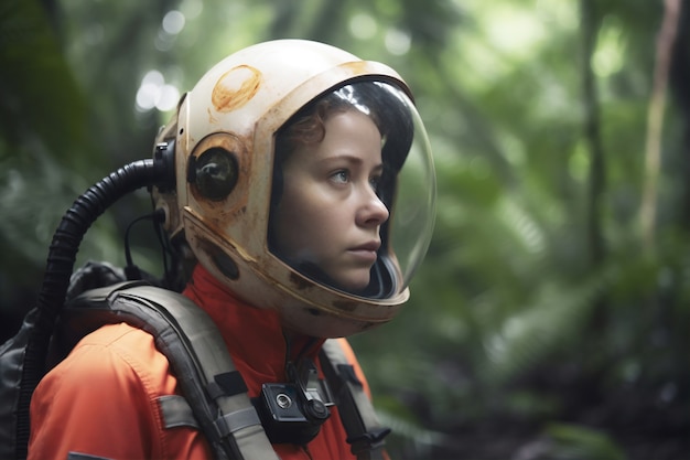 Side view female astronaut wearing spacesuit