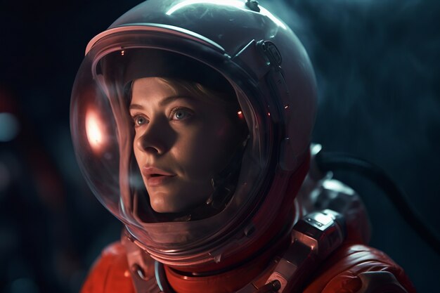 Side view female astronaut wearing spacesuit