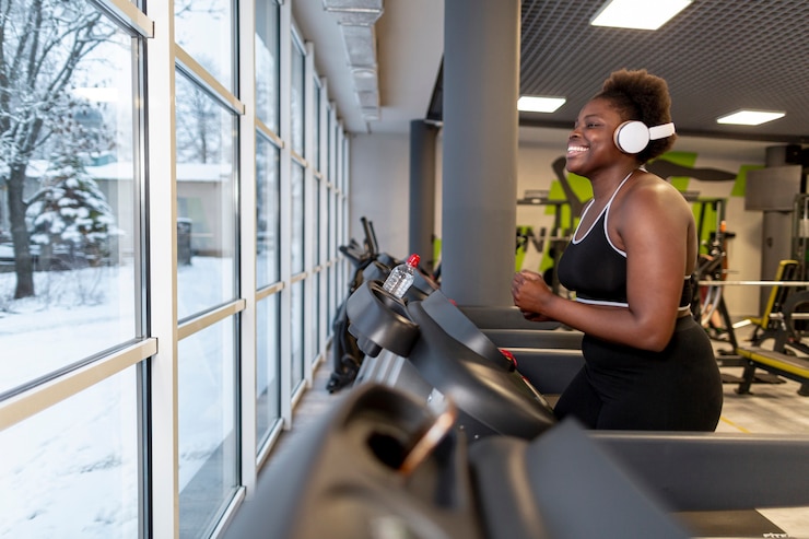 Free Photo side view female at gym running on treadmill