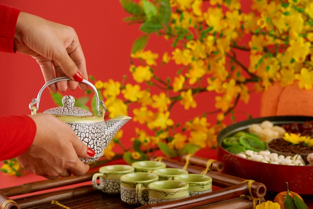 Side view of female hands with red nail polish serving table for tet