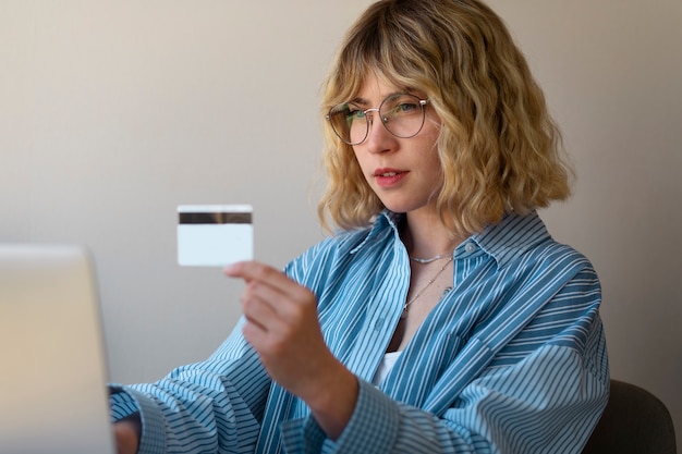 Side view financially independent woman