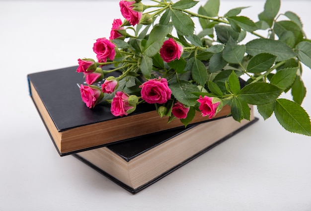 Side view of flowers on closed books on white background