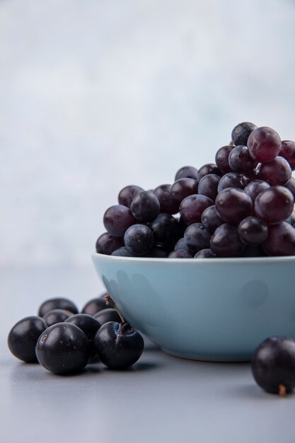 Side view of fresh black grapes on a blue bowl on a grey background