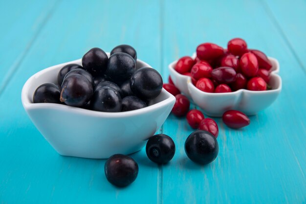 Side view of fresh black grapes on a bowl with cornel berries on a blue wooden background