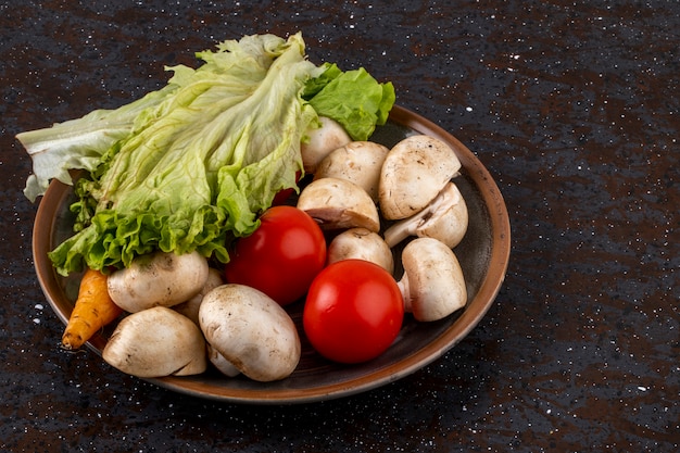 Side view of fresh mushrooms champignon with ripe tomatoes and lettuce in a ceramic bowl