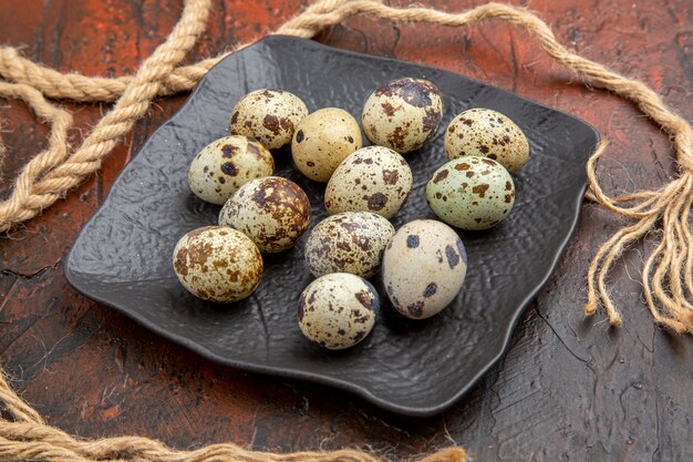 Side view of fresh organic poultry farm eggs on a black plate and rope on a brown background