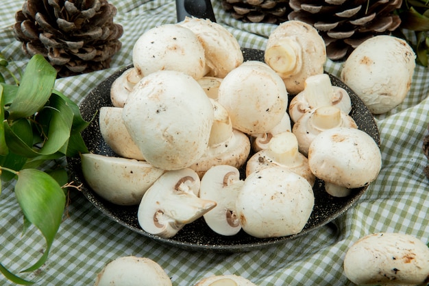 Side view of fresh white mushrooms on a frying pan and cones with green leaves on plaid fabric