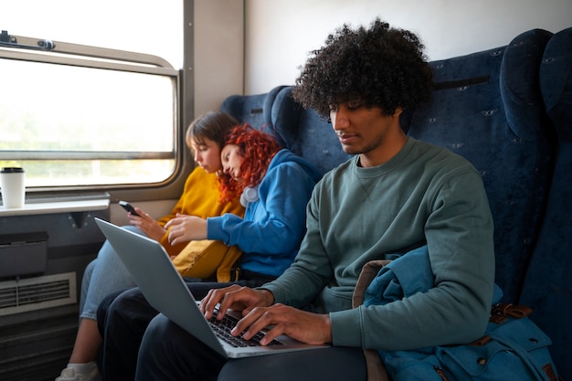 Side view friends traveling by train