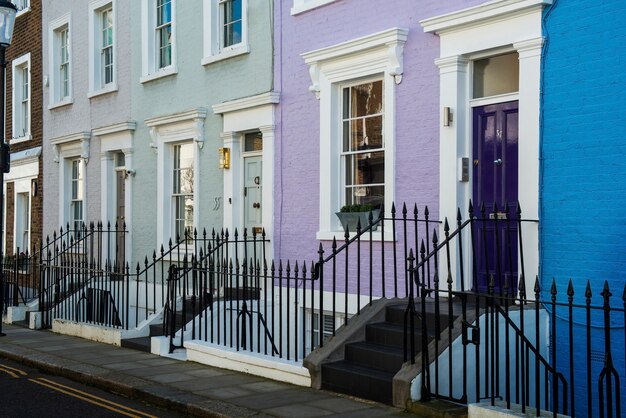 Side view of front door with blue and violet wall