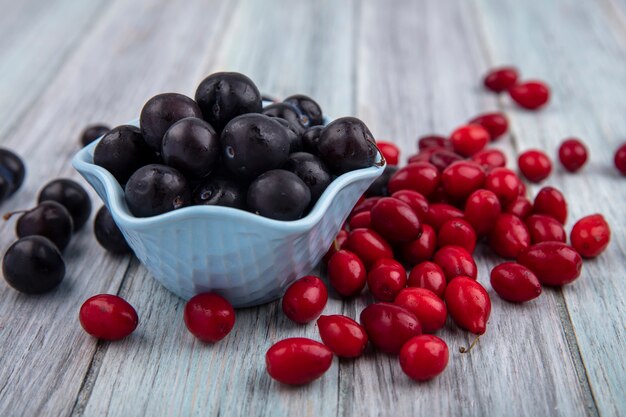 Side view of fruits as sloe berries in bowl and cornel berries on wooden background