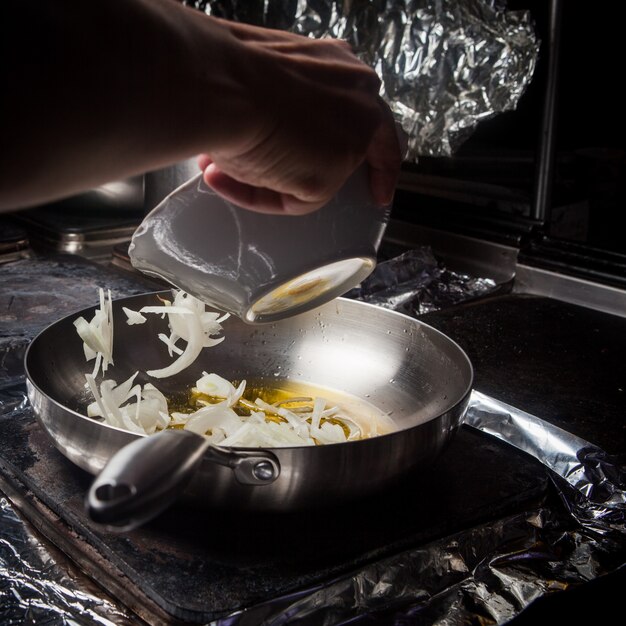 Вид сбоку жарки лука на сковороде и глубокой тарелке с человеческой рукой в печи