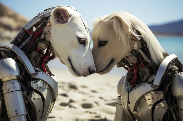 Foto gratuita vista laterale di cani futuristici sulla spiaggia