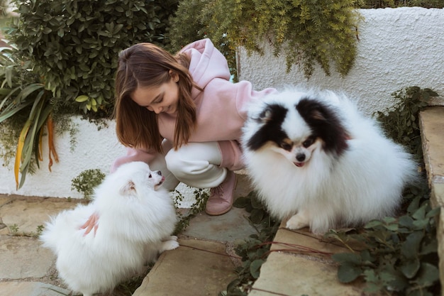 Side view girl and dogs playing on the stairs