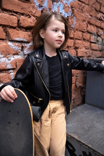 Free photo side view girl holding skateboard