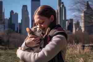 Free photo side view girl hugging cat