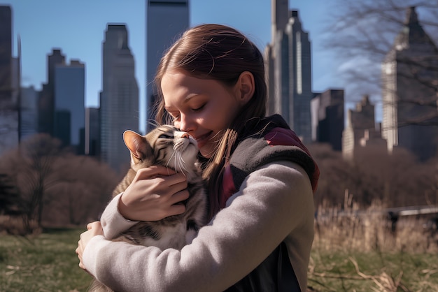 Side view girl hugging cat