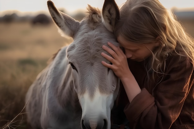 Side view girl hugging donkey