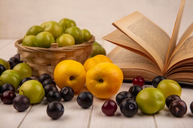 Side view of green cherry plums on a bucket with yellow sweet peaches with red cherries isolated on a white background