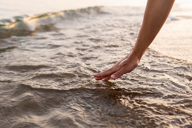 Side view of had touching the water at the beach