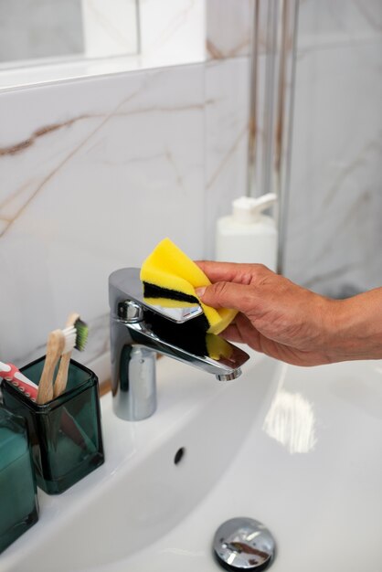 Side view hand cleaning the sink