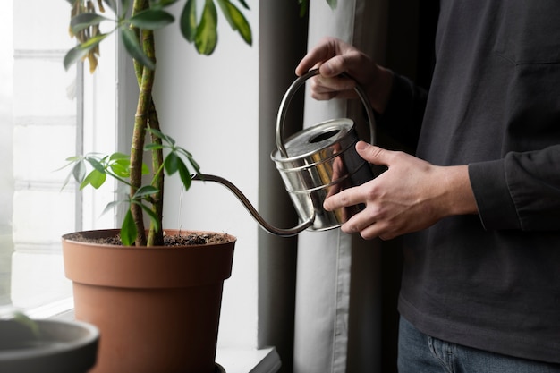 Side view hands holding watering can