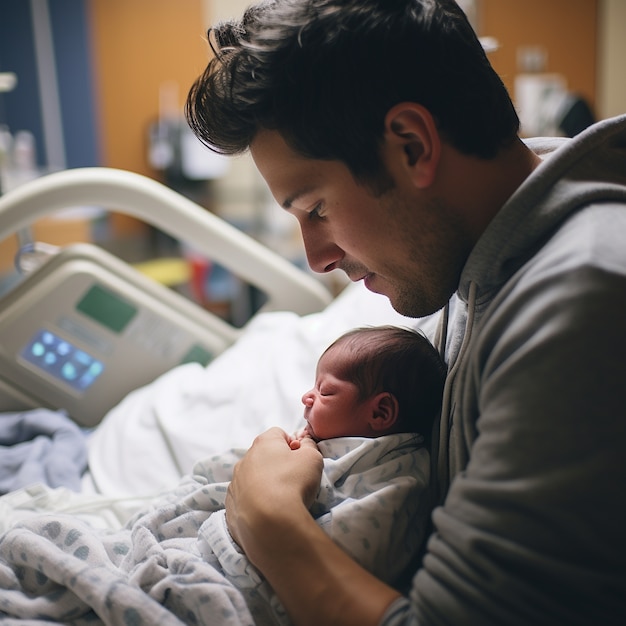 Free photo side view happy father holding baby