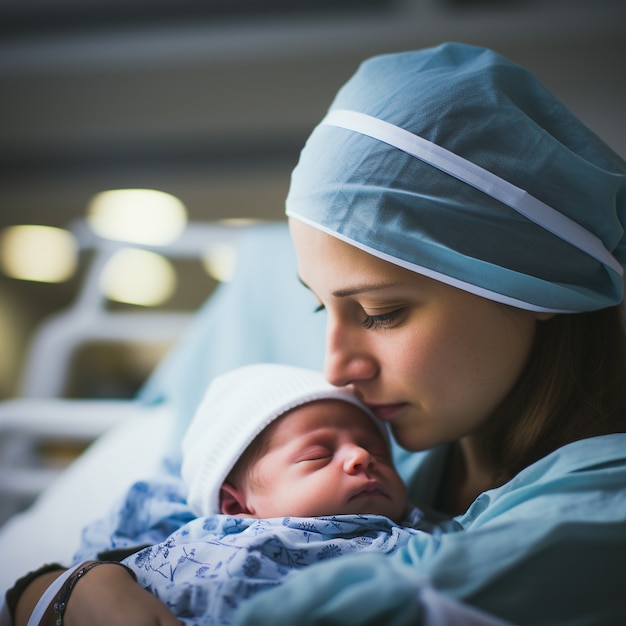 Free photo side view happy mother holding baby