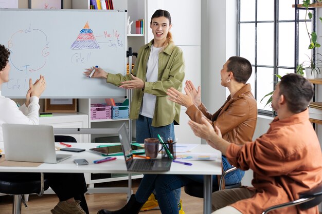 Side view happy people applauding colleague