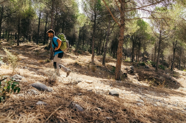 Side view of hiker walking in nature