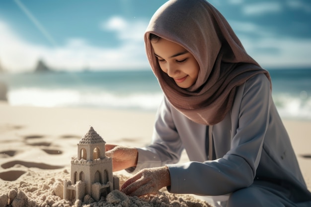 Foto gratuita vista laterale donna islamica sulla spiaggia