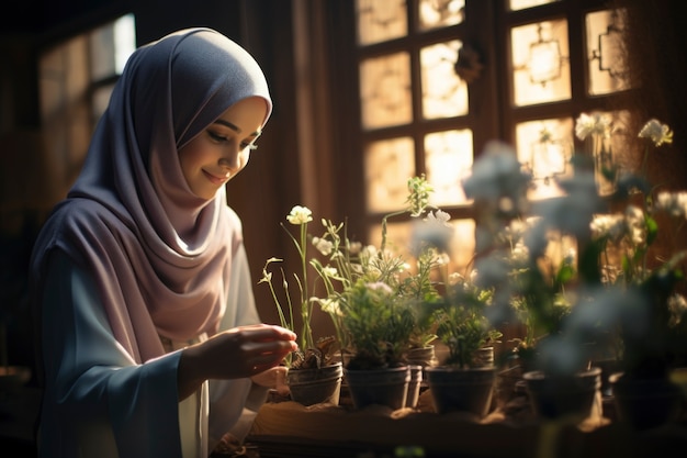 Бесплатное фото Исламская женщина, занимающаяся садоводством