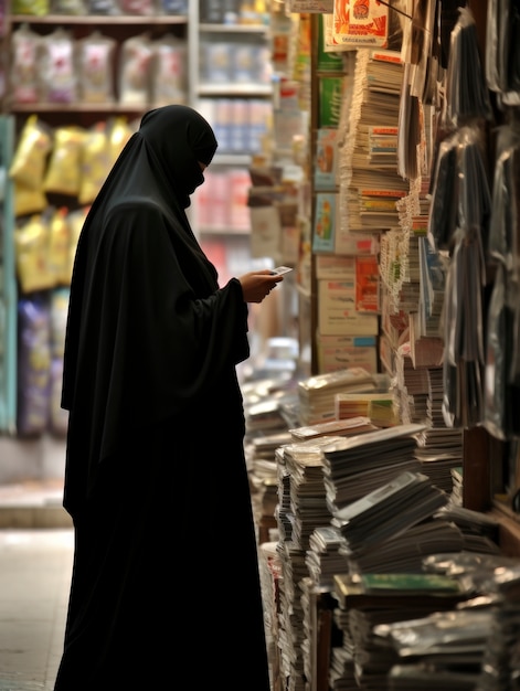 Foto gratuita vista laterale donna islamica al negozio