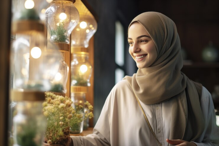 Free Photo side view islamic woman taking care of plants