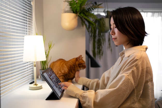 Side view japanese woman with cat