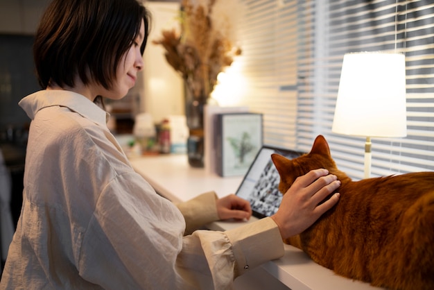 Side view japanese woman with cat