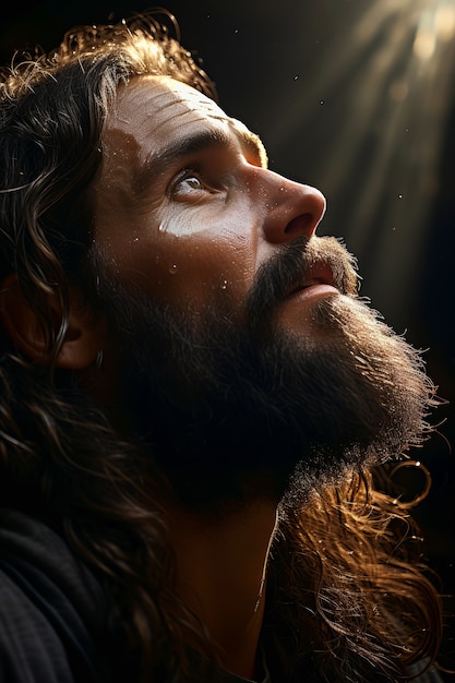 Free photo side view jesus portrait outdoors