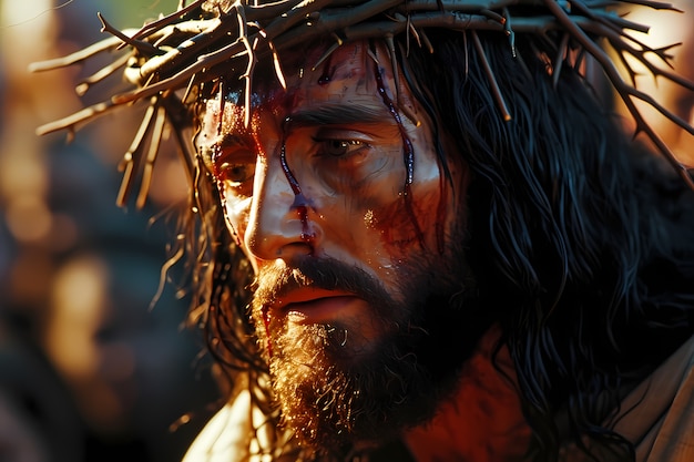 Free photo side view jesus wearing crown of thorns portrait