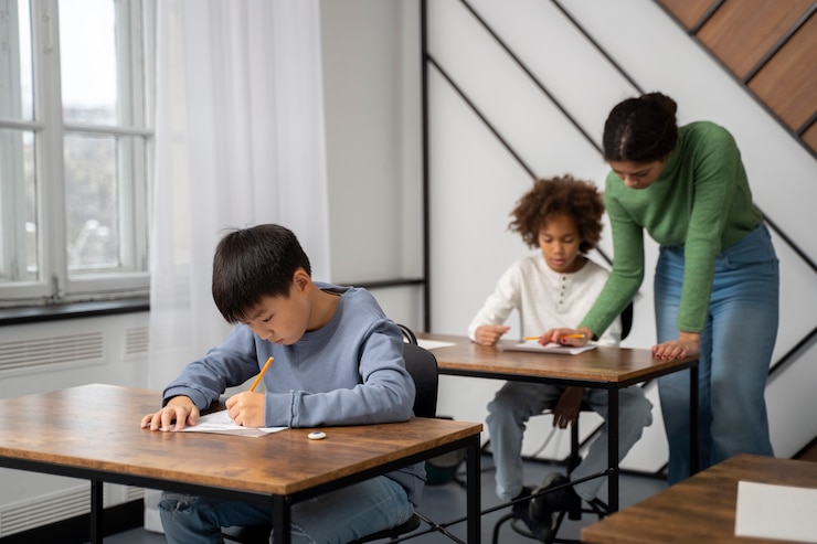 Free Photo side view kid cheating at school test