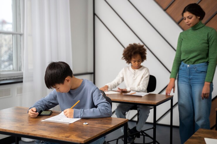 Free Photo side view kid cheating at school test