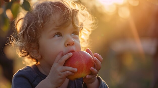 横から見た子供がリンゴを食べる