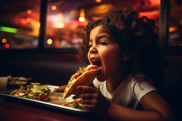 Side view kid eating delicious taco