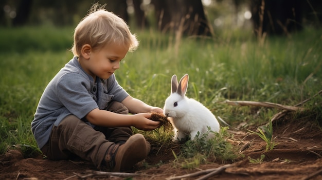  ⁇ 으로 보기 토끼를 들고 있는 아이