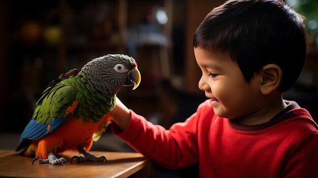 Side view kid with cute parrot