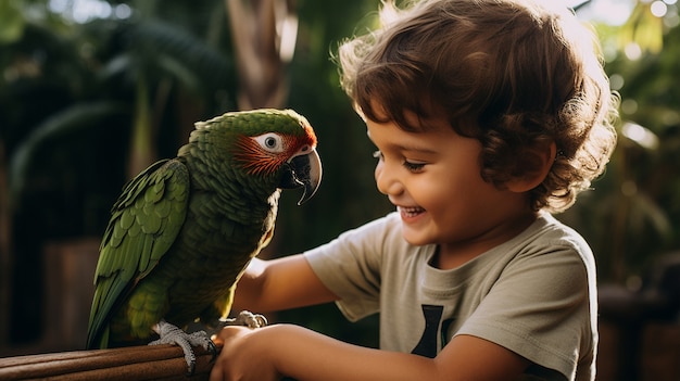 Бесплатное фото Вид сбоку ребенок с милым попугаем