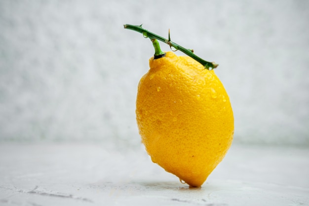 Side view lemon with branch without leaves on white textured background. horizontal