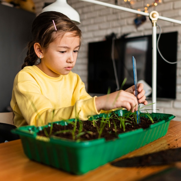 Free photo side view of little girl measuring sprouts growing at home