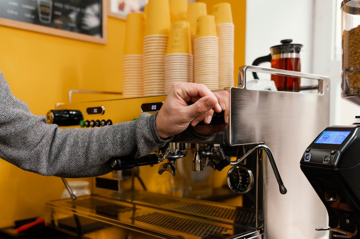 Free Photo side view of male barista in the coffee shop next to coffee grinder