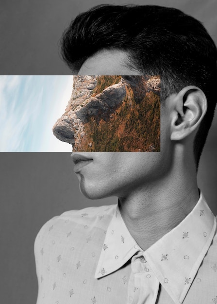 無料写真 側面図の男と岩のコラージュ