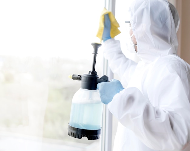 Free photo side view man disinfecting window