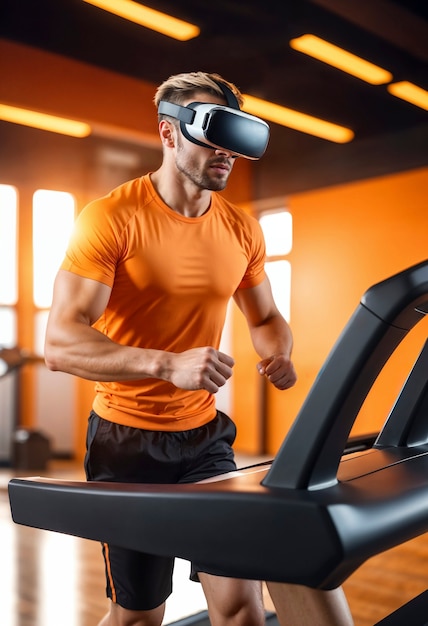 Side view man doing fitness with vr glasses